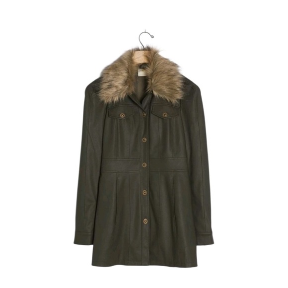 Anthropologie Jackets & Blazers - Anthropologie Maeve Kellie Olive Green Faux Leather Coat Removable Fur Collar